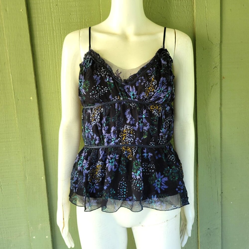 New WD-NY Black Navy Floral Pleated Silk Top Small S